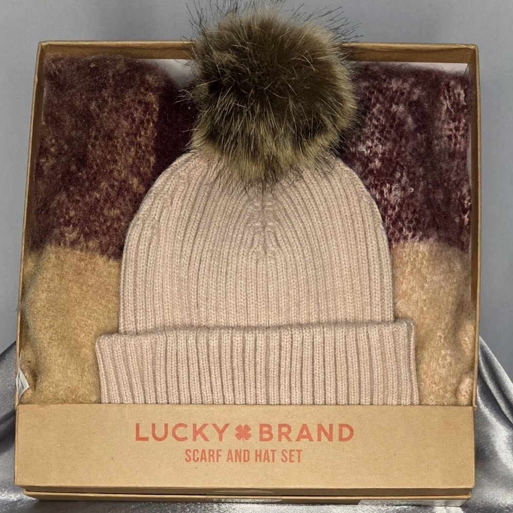 Lucky Brand Luxury Knit Hat & Scarf Gift Set NIB 🎁 Faux Fur Pom | Neutral Winte